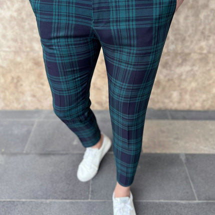 Men's Elegant Checked Pants #XK6030 - Pants | Olive Green / S