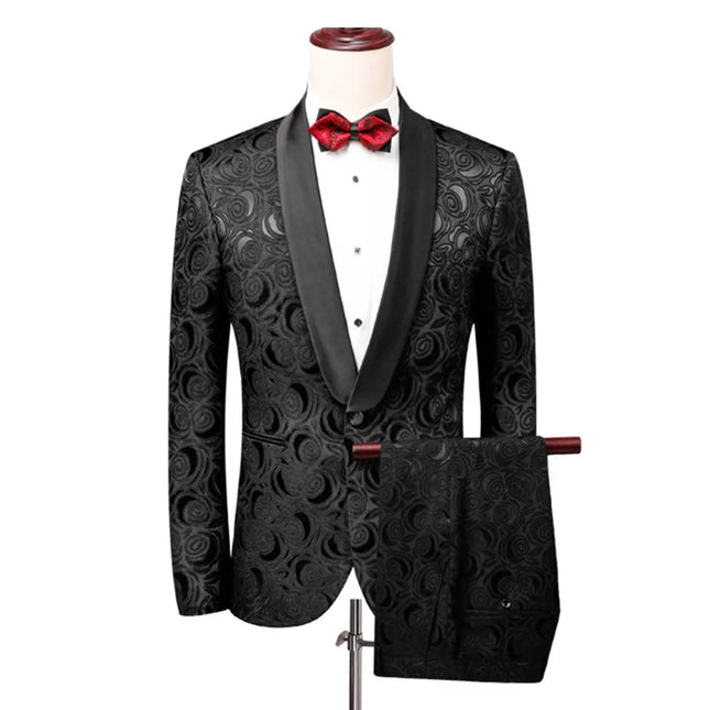 Men's Embossed  Rose Black Suit  #S8158
