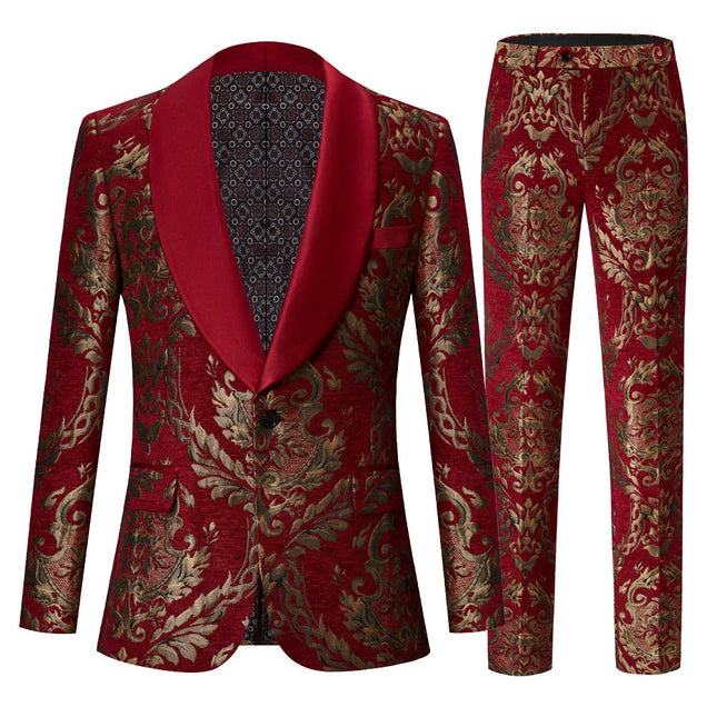 Men's Luxurious Gold Embroidered Suit #S8341 - Suits | Red / XS