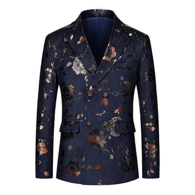 Men's Floral Gilded Pattern Blazer #S8318 - Blazers | Navy Blue / XS
