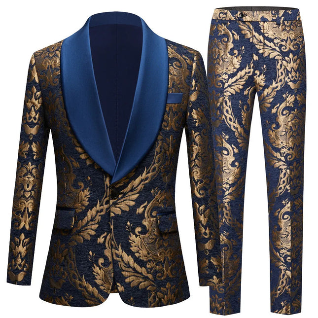 Men's Luxurious Gold Embroidered Suit #S8341 - Suits | Blue / XS