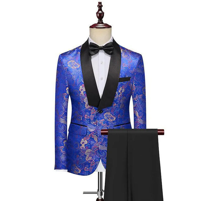 Men's Blue Flower Jacquard Suit #S8306 - Suits | Multicolour / XS