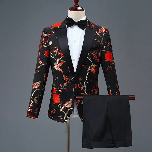 Men's Woodpecker Jacquard Suit #S8415 - Suits | Red / XS