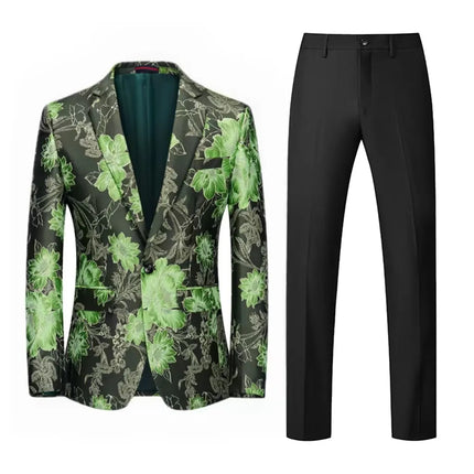 Men's Jacquard Suit #S8196 - Suits | Green (Black Pants) / XS