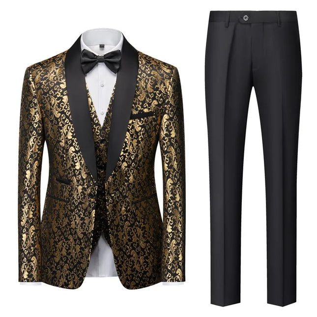 Men's 3 Piece Gold Pattern Party Suit #S8602 - Suits | Golden / XS