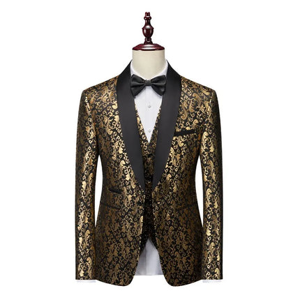 Men's 3 Piece Gold Pattern Party Suit #S8602 - Suits | Golden / XS