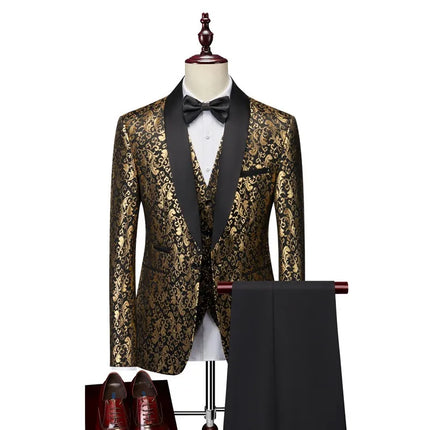 Men's 3 Piece Gold Pattern Party Suit #S8602 - Suits | Golden / XS