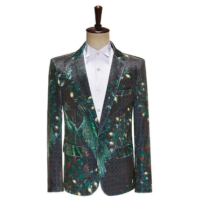 Men's Green Peacock Print Blazer  #S8634