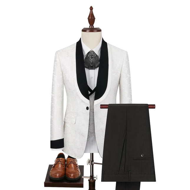 Men's White Black Velvet Collar Suit  #S8635