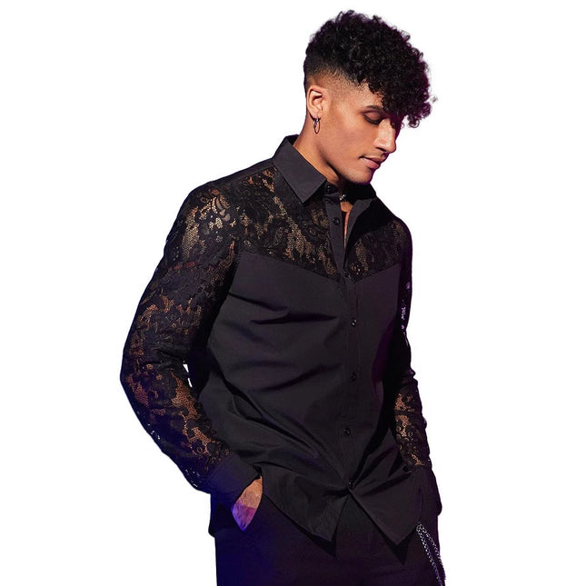 Men's Lace Patchwork Shirt #25630032 - | Black / S