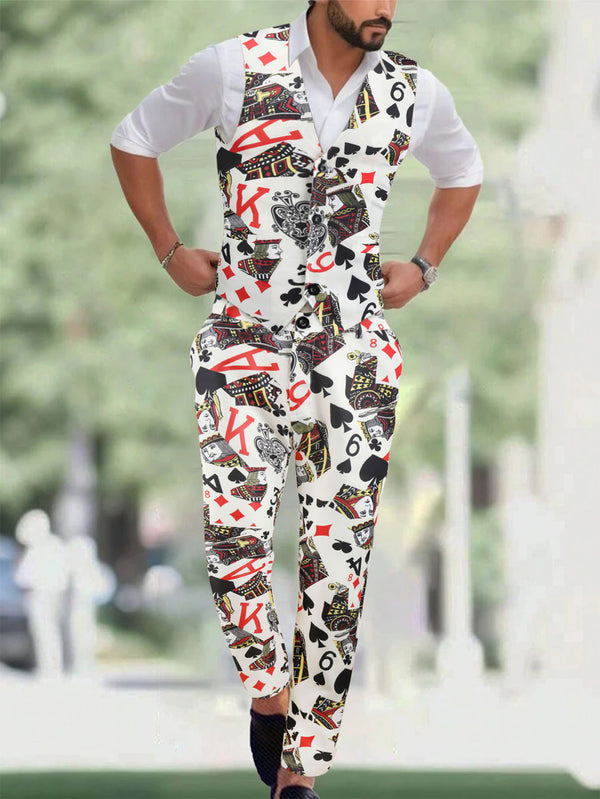 Men's Poker Print Vest Suit