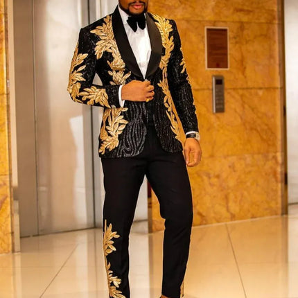 Men's Sequin Golden Leaves Embroidery Suit #S8167 - Suits | Golden / XS