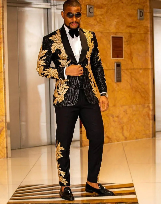 Men's Sequin Golden Leaves Embroidery Suit #S8167 - Suits | Golden / XS